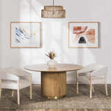 Dining room with round table, cream chairs, and Galey Alix x Livabliss Vintage Oriental Boho Olive Myrtle Avenue II Area Rug. Roomscene-Rectangle