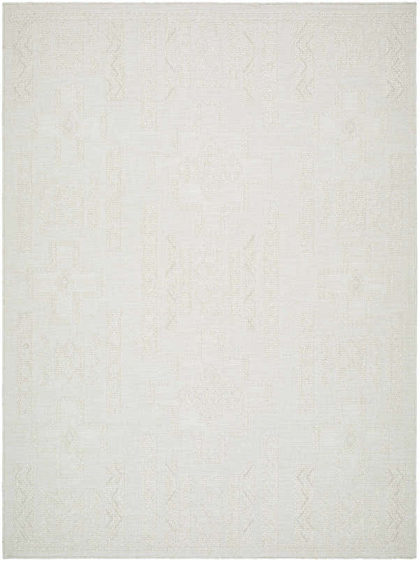 Close-up of the Branko Area Rug, light silver with a subtle geometric pattern and woven texture. Design-Rectangle-537