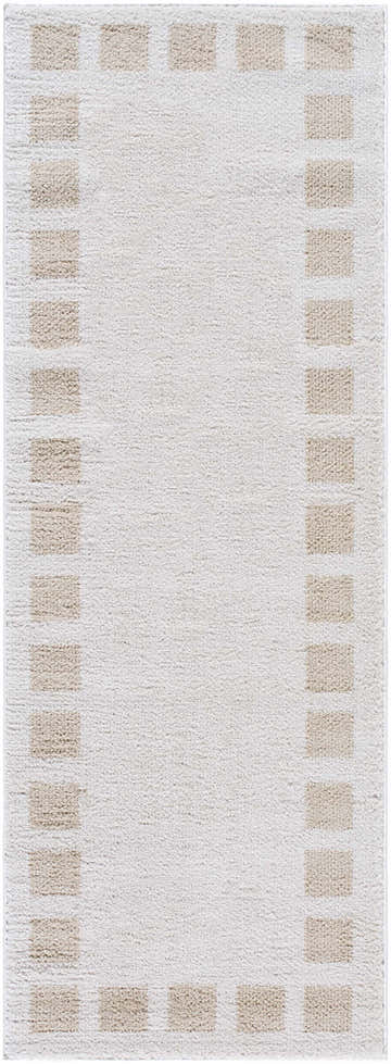 Close-up of the Beynon Beige Washable Area Rug, a contemporary runner with beige squares bordering a soft beige center. Design-Runner-2773