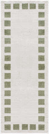 Close-up of the Beynon Green Washable Area Rug, a runner with a lime green square border and a soft, textured white center. Design-Runner-2773