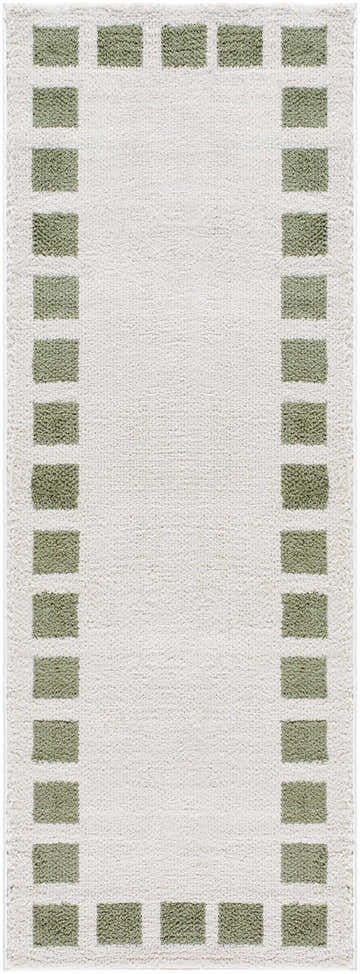 Close-up of the Beynon Green Washable Area Rug, a runner with a lime green square border and a soft, textured white center. Design-Runner-2773