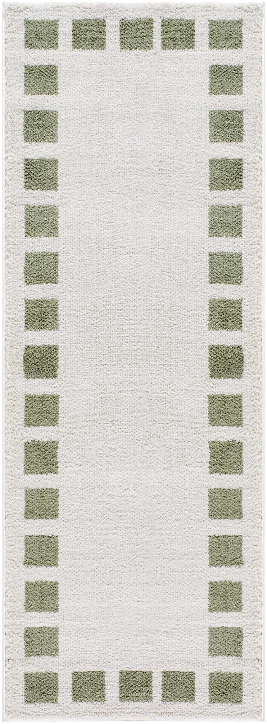Close-up of the Beynon Green Washable Area Rug, a runner with a lime green square border and a soft, textured white center. Design-Runner-2773