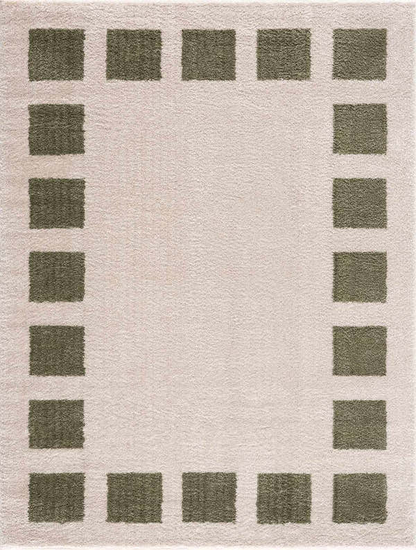 Close-up of the Beynon Green Washable Area Rug. Features a lime green square border on a soft peach textured background. Design-Rectangle-537