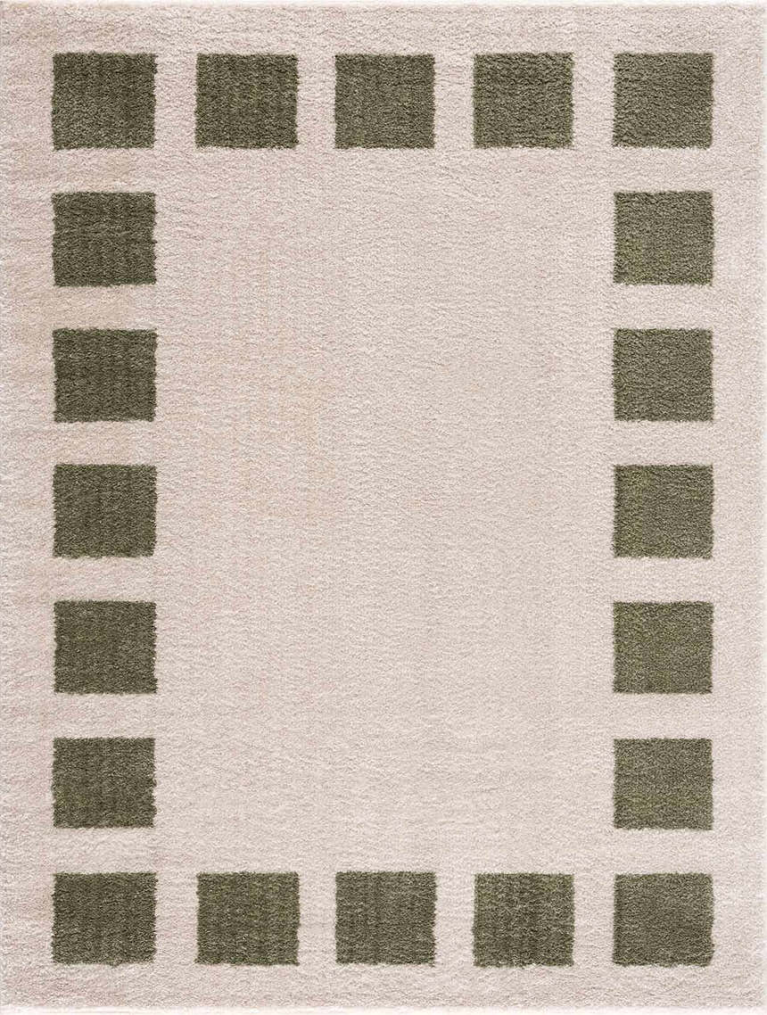 Close-up of the Beynon Green Washable Area Rug. Features a lime green square border on a soft peach textured background. Design-Rectangle-537