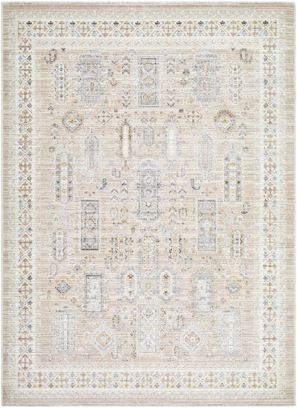 Close-up of Fugia Beige Persian rug. Machine woven polypropylene rug with traditional beige, gray, and gold patterns. Design-Rectangle-537