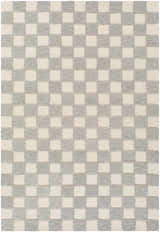 Close-up of the Amparo Medium Gray Area Rug, a hand-tufted wool rug with an ivory and gray checkerboard pattern. Design-Rectangle-576