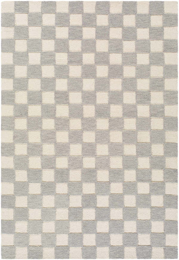 Close-up of the Amparo Medium Gray Area Rug, a hand-tufted wool rug with an ivory and gray checkerboard pattern. Design-Rectangle-576