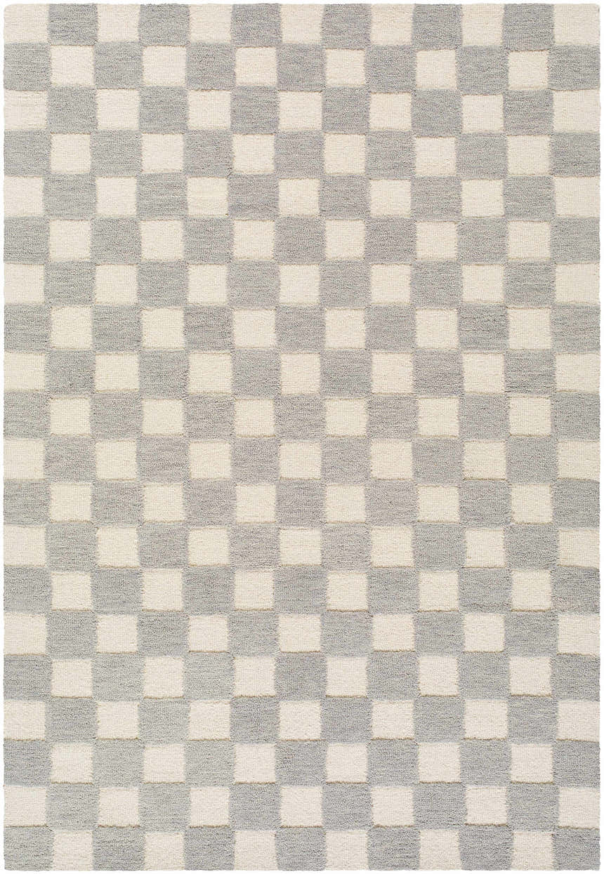 Close-up of the Amparo Medium Gray Area Rug, a hand-tufted wool rug with an ivory and gray checkerboard pattern. Design-Rectangle-576