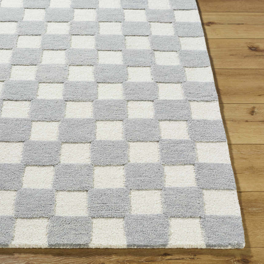Close-up of the Amparo Medium Gray Area Rug, a hand-tufted wool rug with an ivory and gray checkerboard pattern. Front