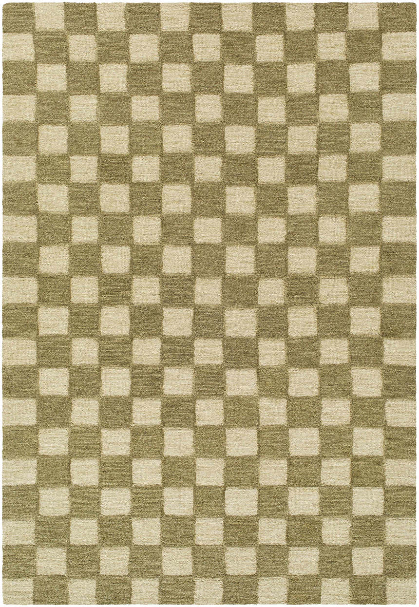 Close-up of the Amparo Olive Area Rug. Hand-tufted wool rug with a beige and olive checkerboard pattern. Contemporary style. Design-Rectangle-576