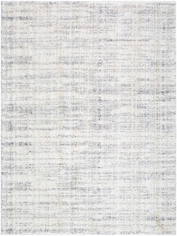 Close-up of the Yidia White rug. Off-white polyester with subtle black and light gray horizontal striations. Machine woven texture. Design-Rectangle-537