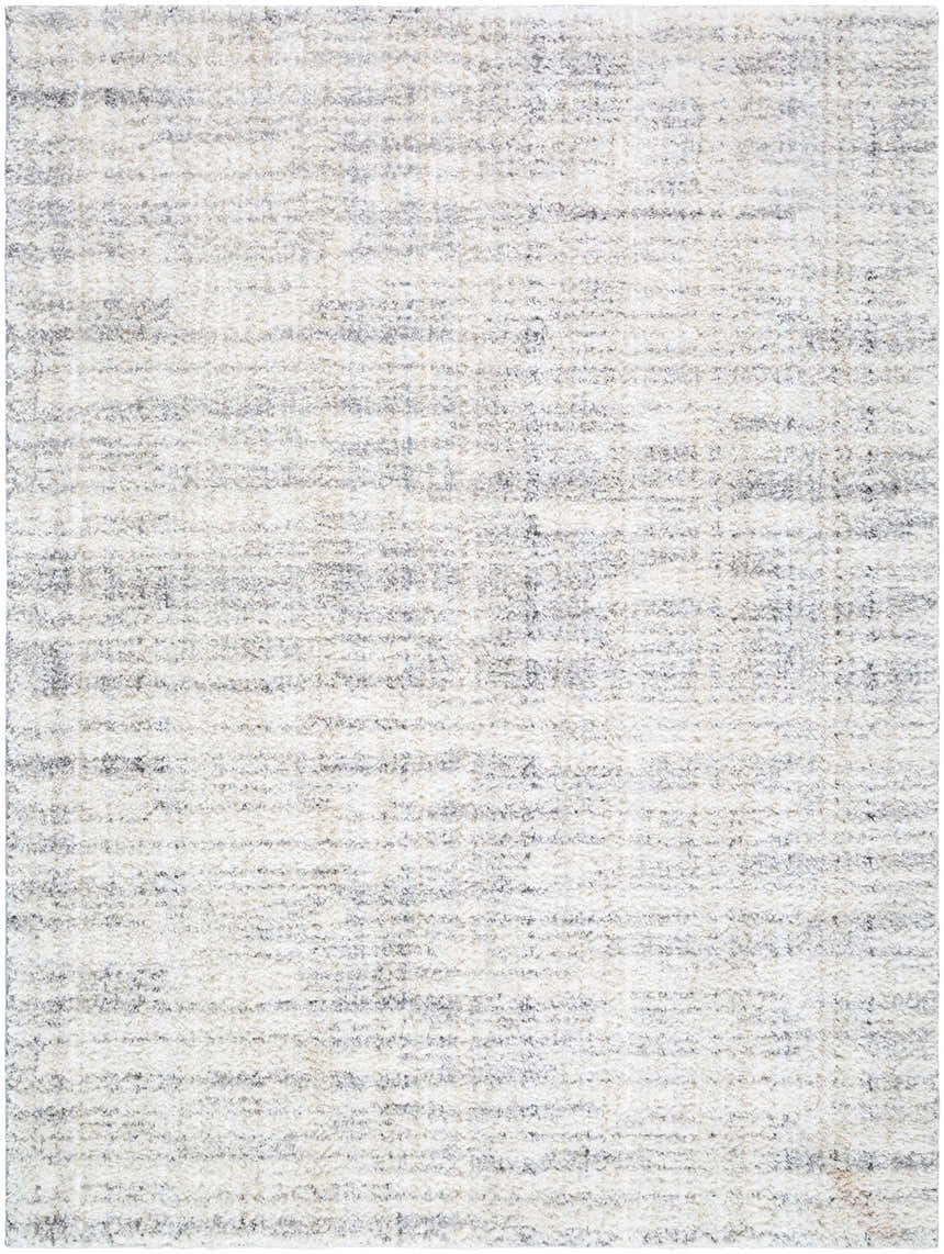 Close-up of the Yidia White rug. Off-white polyester with subtle black and light gray horizontal striations. Machine woven texture. Design-Rectangle-537