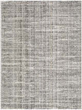 Close-up of the Reyoa Light Gray Area Rug. Machine woven polyester with a subtle, textured grid pattern. Design-Rectangle-537
