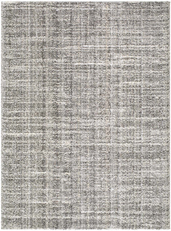 Close-up of the Reyoa Light Gray Area Rug. Machine woven polyester with a subtle, textured grid pattern. Design-Rectangle-537
