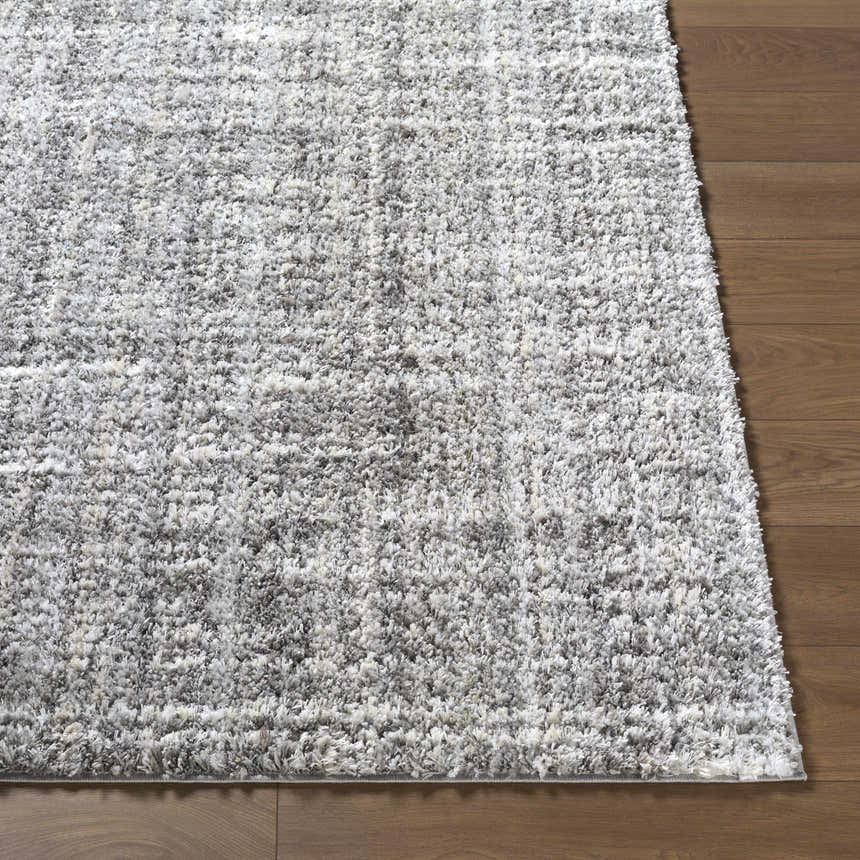 Close up of the Reyoa Light Gray rug showing its soft, textured pile and machine woven construction. Front