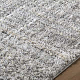 Close-up of the Reyoa Light Gray area rug, showing its soft, textured polyester pile and subtle color variations. Texture