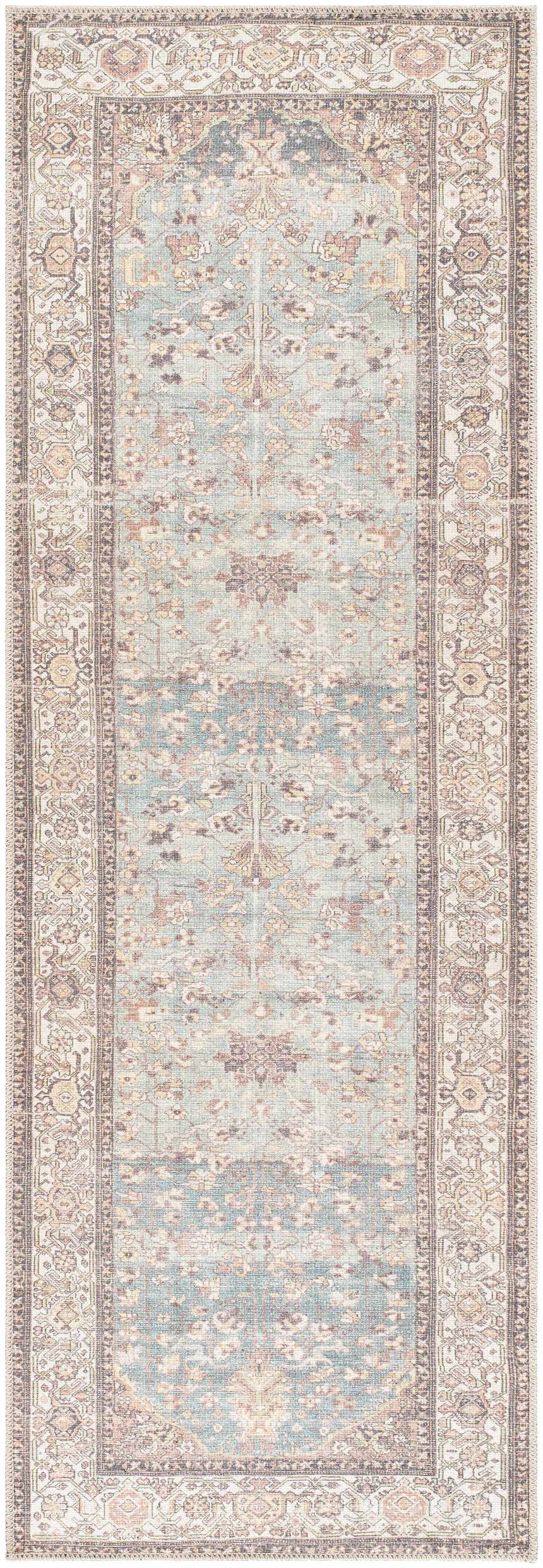 Close-up of the Bahram Vintage Flat Pile Washable Rug. Features a traditional design in teal, cream, and dark red hues. Design-Runner-27710