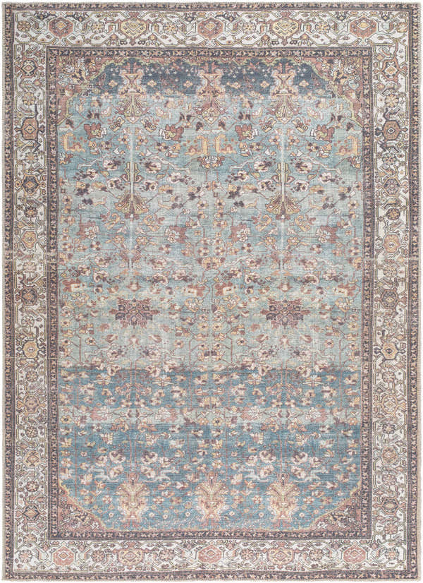 Close-up of the Bahram Vintage Flat Pile Washable Rug, featuring a traditional floral pattern in teal, cream, and dark red. Design-Rectangle-5373