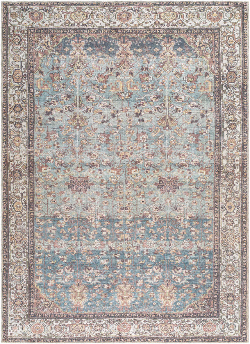 Close-up of the Bahram Vintage Flat Pile Washable Rug, featuring a traditional floral pattern in teal, cream, and dark red. Design-Rectangle-5373