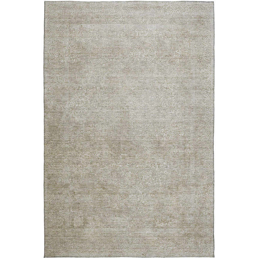 Close-up of the Dalyn Luxury Burano BU10 Linen Washable Area Rug. Beige, chestnut, and putty farmhouse style rug.