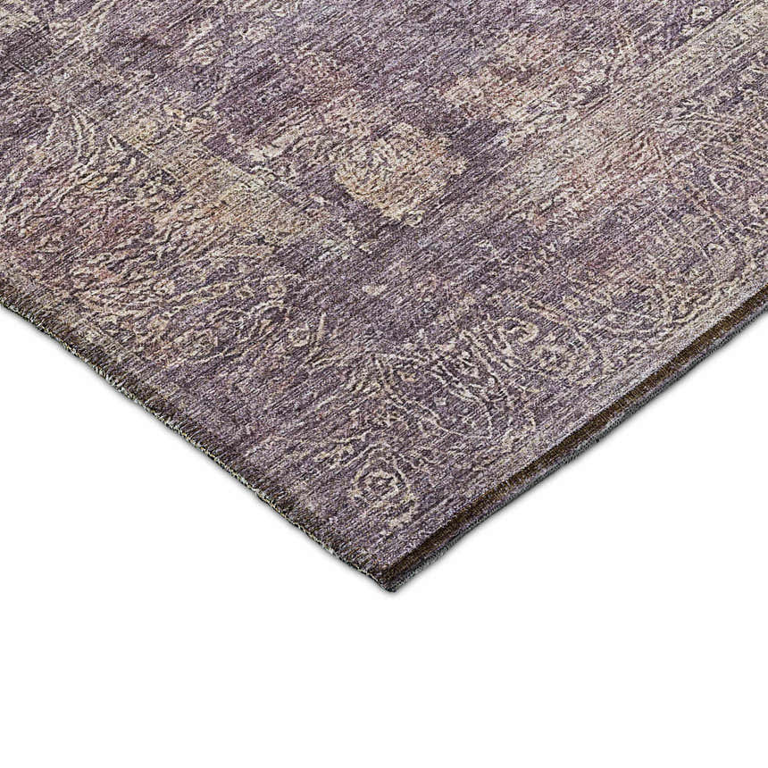 Close-up of the Dalyn Luxury Burano BU10 Plum Washable Area Rug, showcasing its purple, chestnut, and light purple tones.