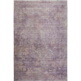 Close-up of the Dalyn Luxury Burano BU10 Plum Washable Area Rug. Features a distressed floral pattern in purple and chestnut tones.