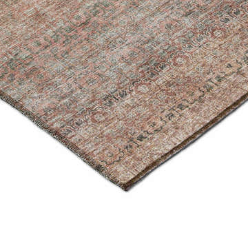 Close-up of the coral, light brown, and silver gray patterned Dalyn Luxury Burano BU12 Washable Area Rug.