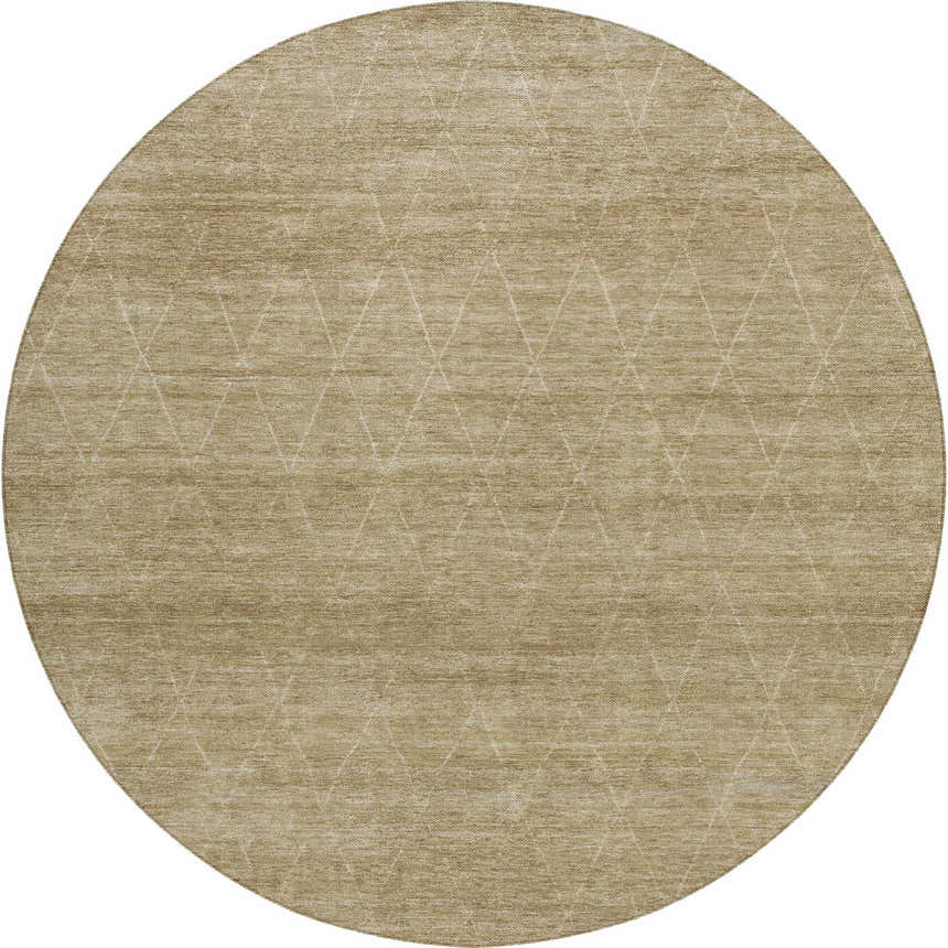 Close-up of round Dalyn Luxury Burano BU3 Wheat rug. Beige and gold polyester with subtle geometric pattern.