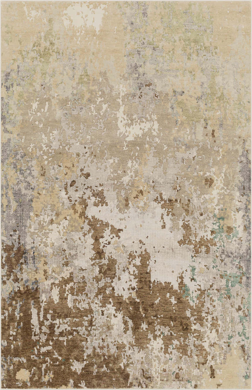 Close-up of the Bued Handmade Wool-Blend Rug. Abstract design in beige, brown, ivory, gray, and teal. Contemporary style. Design-Rectangle-69