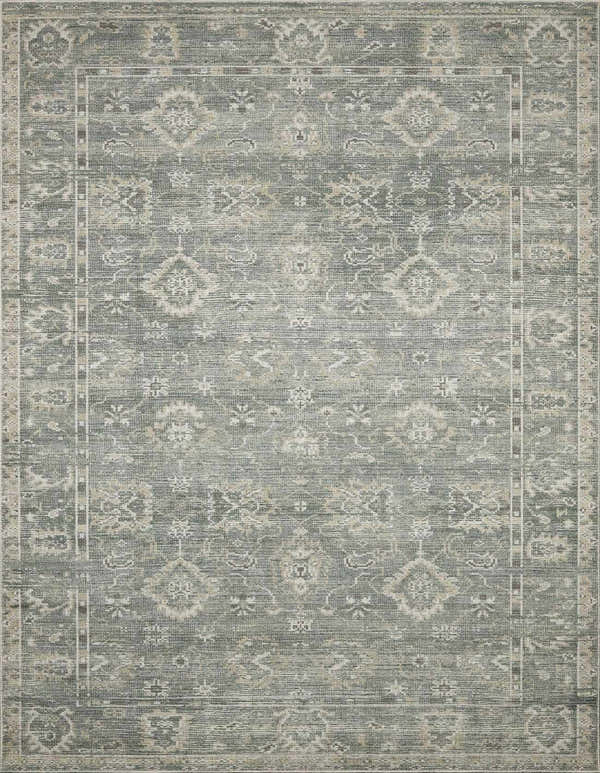 Close-up of the Collins Avenue I Vintage Oushak Area Rug. Gray rug with beige and brown traditional Oushak pattern. Design-Rectangle