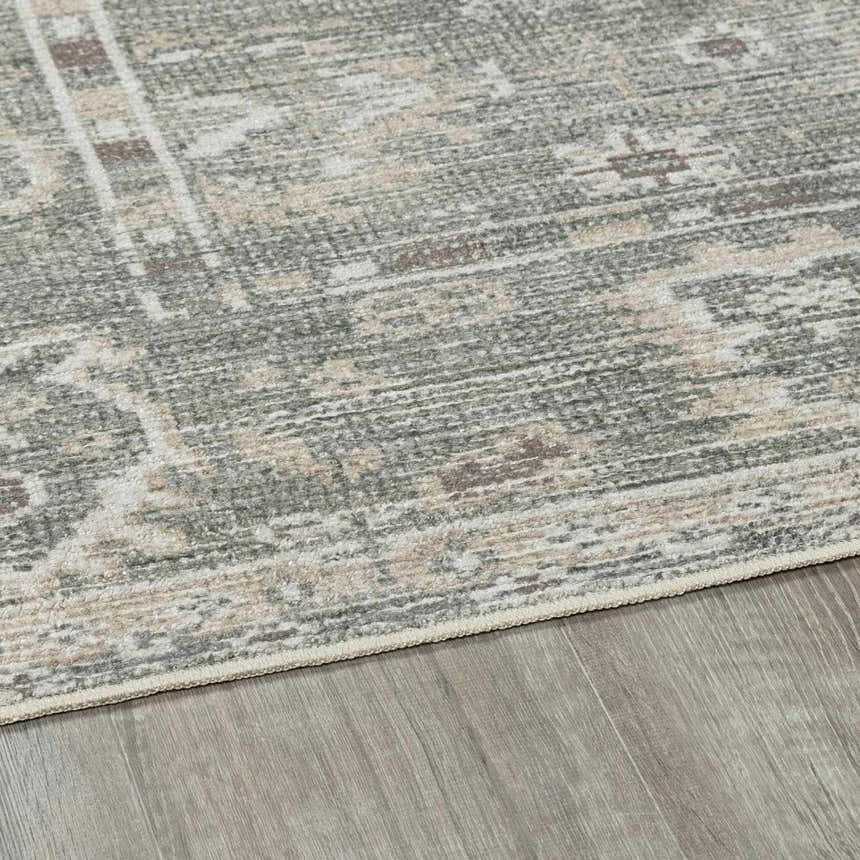 Close-up of the Collins Avenue I Vintage Oushak Area Rug showing beige, gray, and brown tones and traditional pattern. Pile