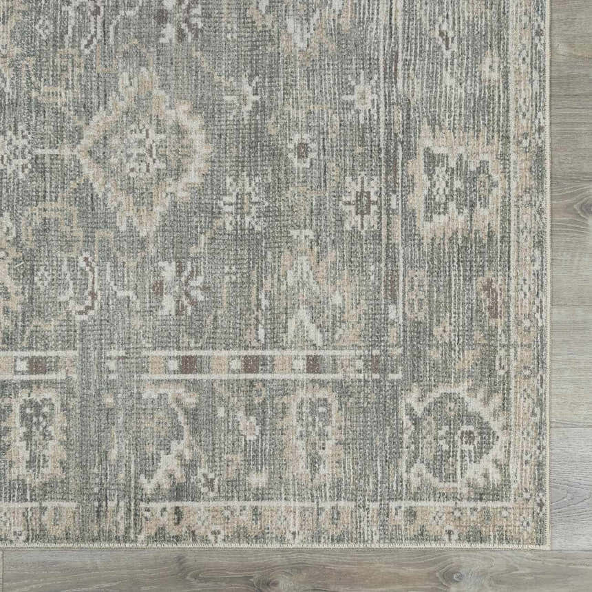 Close-up of the Collins Avenue I Vintage Oushak Area Rug. Features a traditional beige, gray, and brown pattern. Swatch