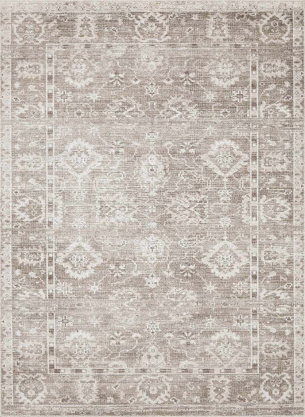 Close-up of the Collins Avenue II Vintage Oushak Area Rug. Machine woven rug in dark red, light gray, medium gray, and tan. Design-Rectangle