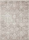 Close-up of the Collins Avenue II Vintage Oushak Area Rug. Machine woven rug in dark red, light gray, medium gray, and tan. Design-Rectangle