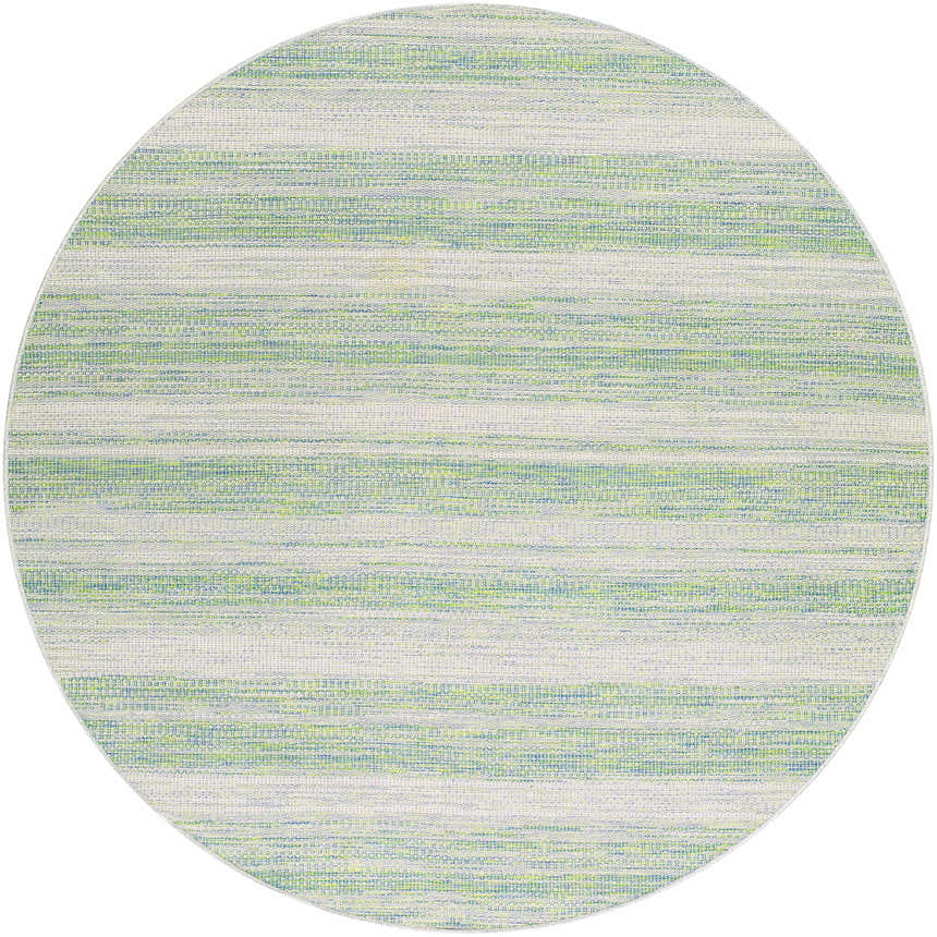 Close-up of round Kris Green Area Rug. Contemporary style with dark beige, gray, moss, and nutmeg hues. Design-Round-7