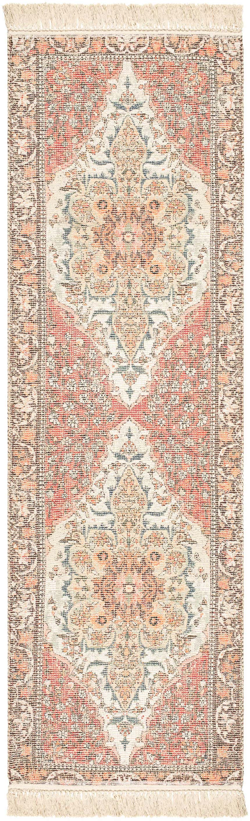 Close-up of the Bohdan Terracotta Area Rug, a hand-loomed runner with a traditional design in terracotta, ivory, and slate blue. Design-Runner-268