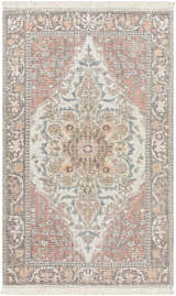 Close-up of the hand-loomed Bohdan Terracotta Area Rug. Features a traditional floral pattern in charcoal, ivory, and terracotta hues. Design-Rectangle-69