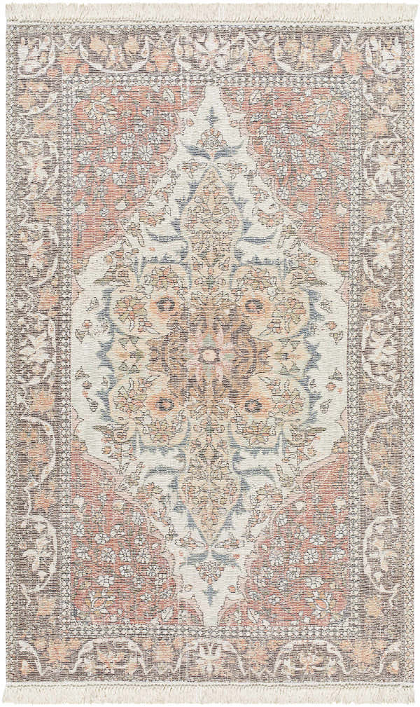 Close-up of the hand-loomed Bohdan Terracotta Area Rug. Features a traditional floral pattern in charcoal, ivory, and terracotta hues. Design-Rectangle-69
