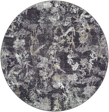 Round Breeda Black Area Rug featuring a Southwestern-inspired abstract pattern in black, charcoal, gray, and ivory. Design-Round-53