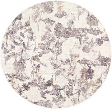 Close-up of the round Breeda Cream Area Rug. Features a charcoal and gray abstract floral pattern on an ivory background. Design-Round-53