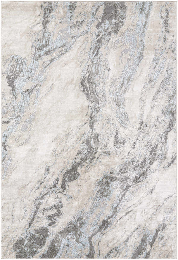 Close-up of the Atsuko Area Rug. Beige, charcoal, cream, and ice blue abstract pattern. Contemporary style. Design-Rectangle-537