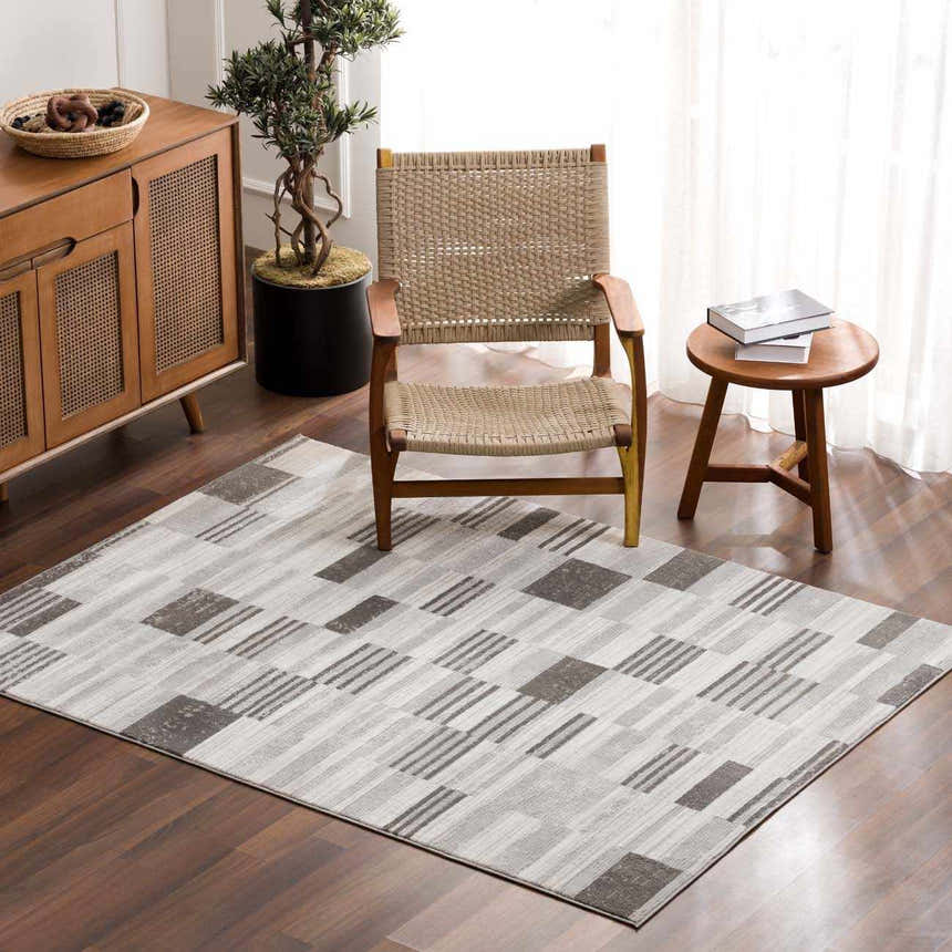 Living room scene with Bronka Broken-Striped Area Rug. Geometric rug in black, gray, and off-white complements wood furniture. Roomscene-Rectangle