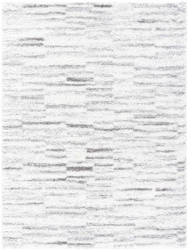 Close-up of the Benjen Gray Area Rug. Shag rug with a contemporary gray and ivory horizontal stripe pattern. Design-Rectangle-537