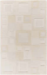 Close-up of the Botham Area Rug. Hand-tufted wool rug in beige, cream, ivory, and tan with a contemporary geometric pattern. Design-Rectangle-576