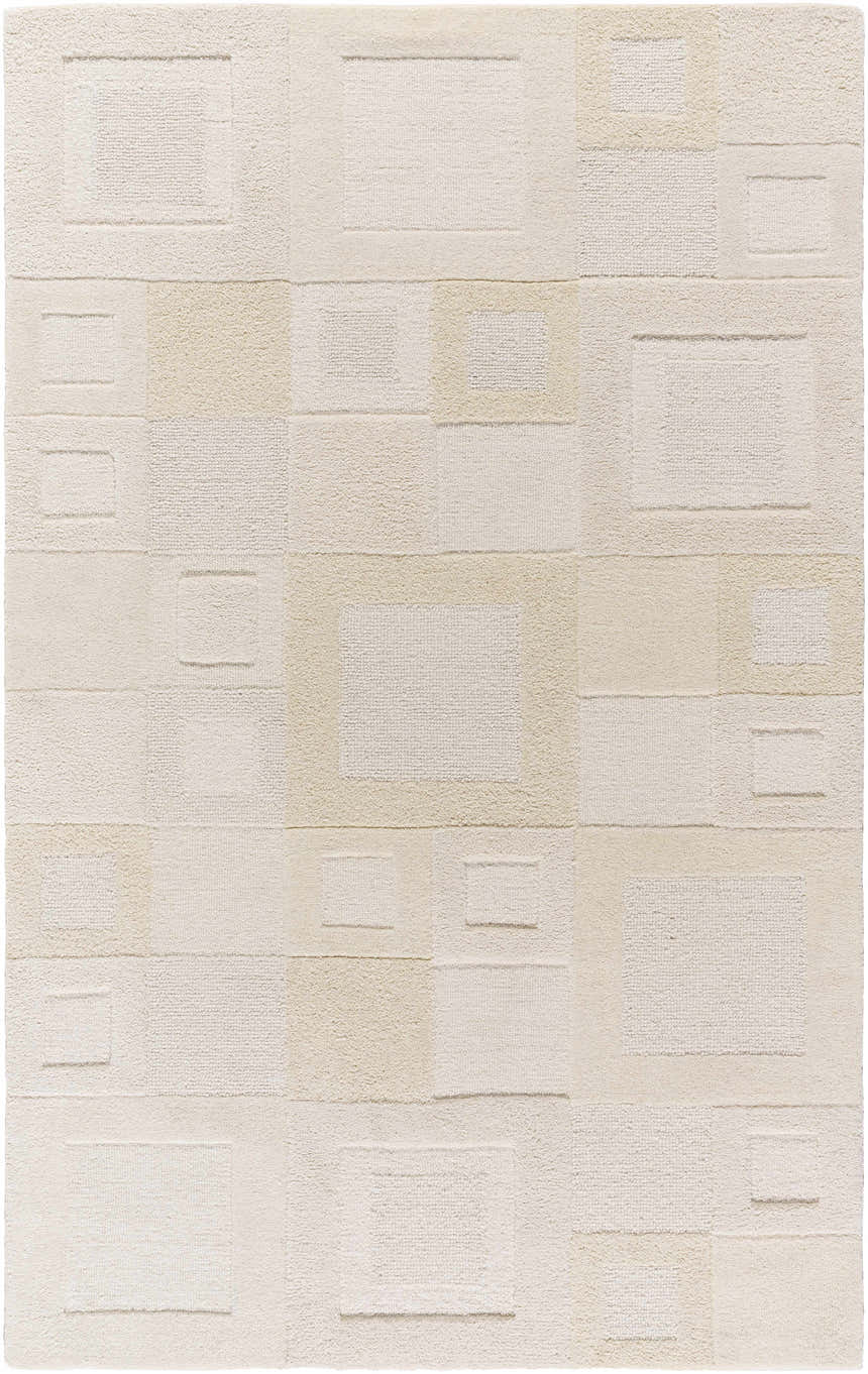 Close-up of the Botham Area Rug. Hand-tufted wool rug in beige, cream, ivory, and tan with a contemporary geometric pattern. Design-Rectangle-576