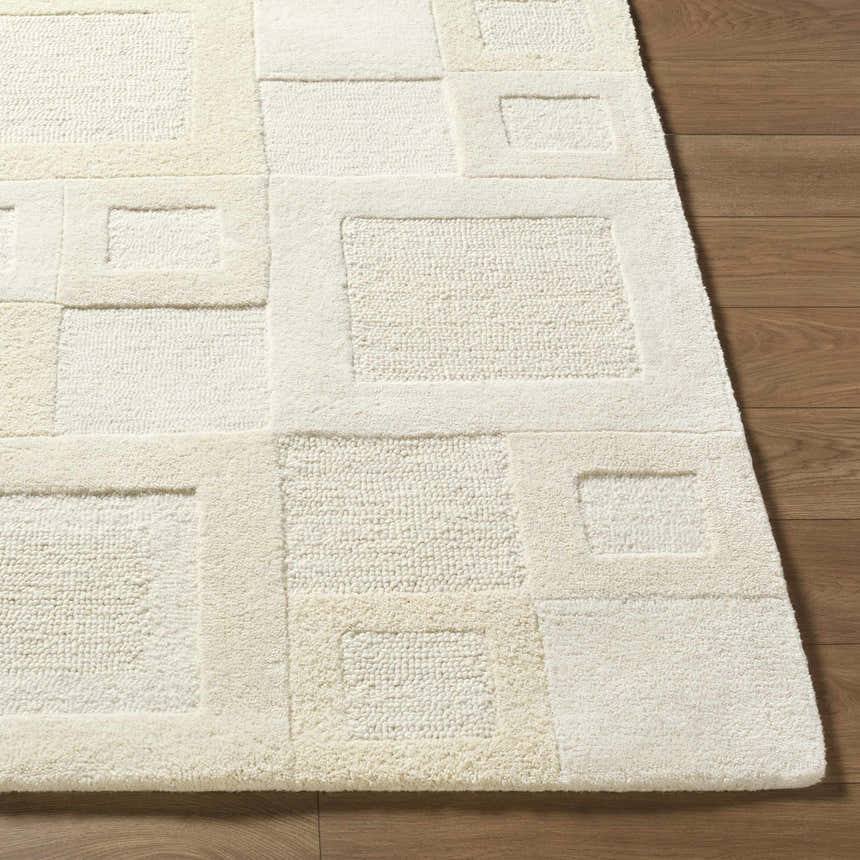 Close up of the hand-tufted Botham Area Rug. Beige, cream, and ivory wool rug with a geometric block pattern. Front
