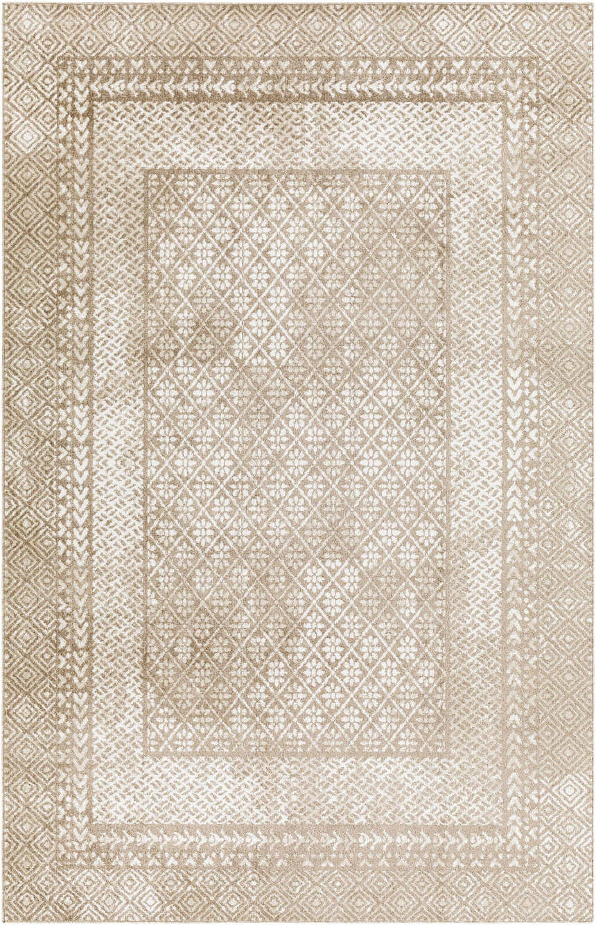 Close-up of a Caditaan Washable Area Rug in light beige and cream. Features a traditional diamond and floral pattern. Design-Rectangle-537