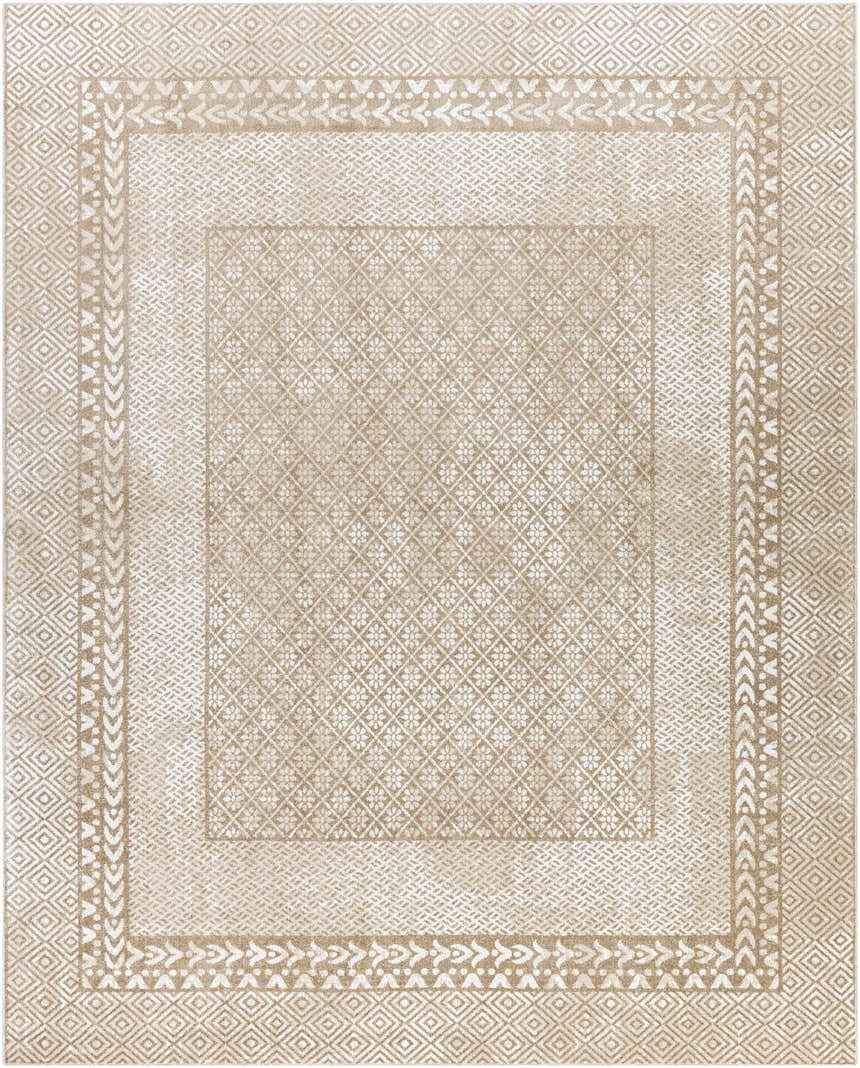 Close-up of the Caditaan Washable Area Rug in brown and cream. Features a diamond pattern and traditional border design. Design-Rectangle-71010