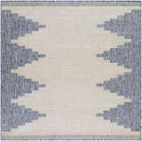 Close-up of the Djugun Blue Outdoor Rug. Bohemian style rug with blue and off-white geometric pattern. Design-Square-67
