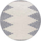 Close-up of round Djugun Blue Outdoor Rug. Oatmeal center with navy geometric pattern around the edge. Design-Round-710